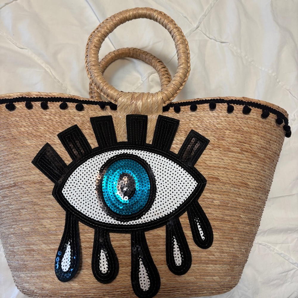 Handcrafted Medium Evil Eye straw bag - Tan and Black